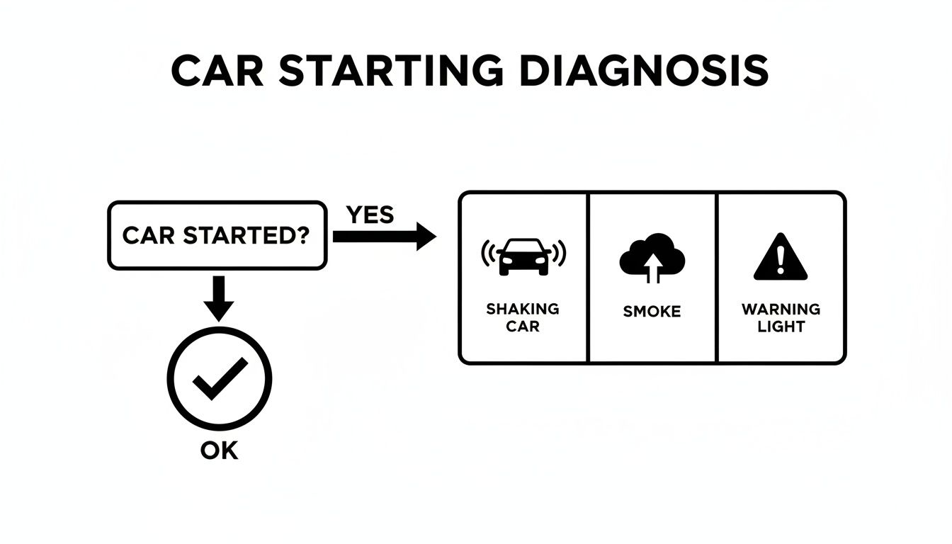 Flowchart illustrating car starting diagnosis: 'Car Started?' leads to 'OK' or issues like shaking, smoke, and warning lights.