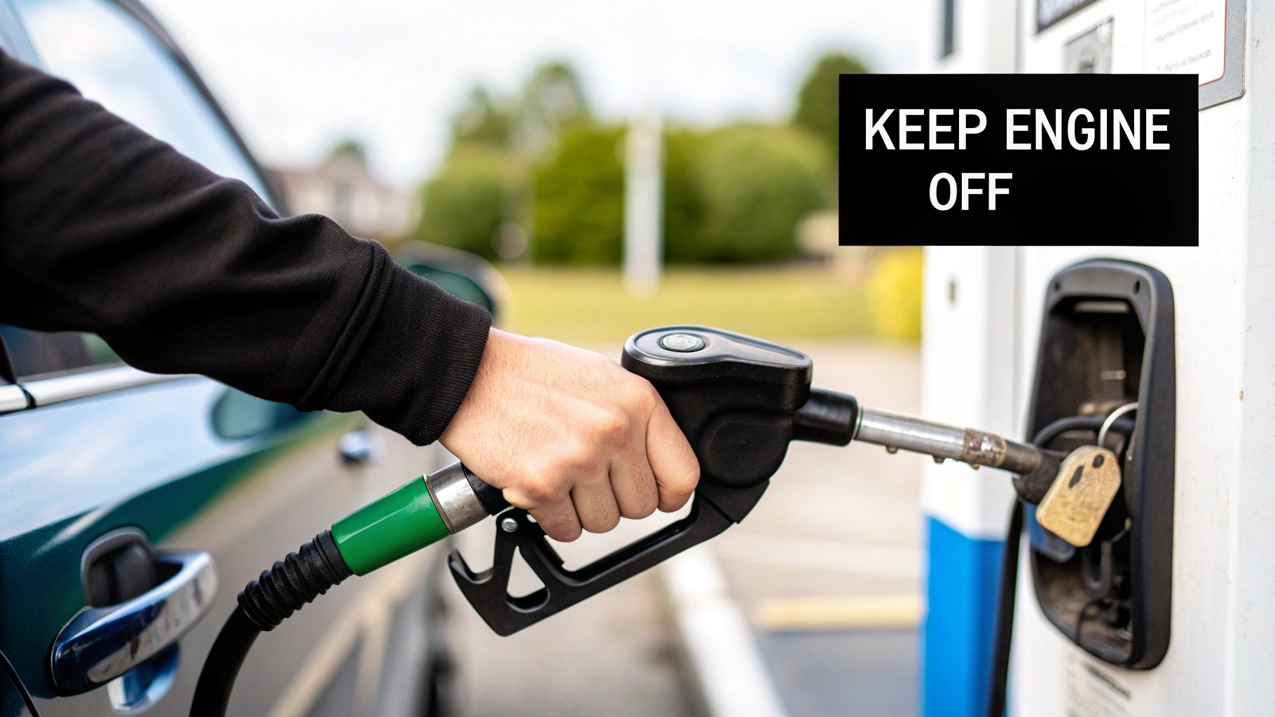 A person's hand holds a green-tipped fuel nozzle, filling a car at a gas station.