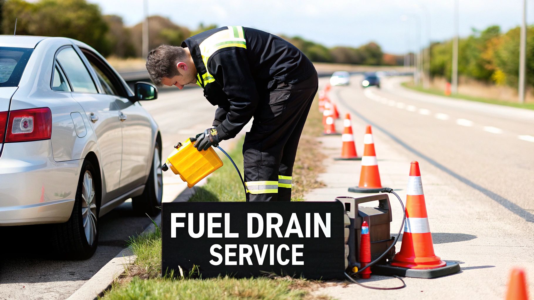 A mechanic in uniform drains fuel from a silver car on the roadside, with a 'FUEL DRAIN SERVICE' sign.