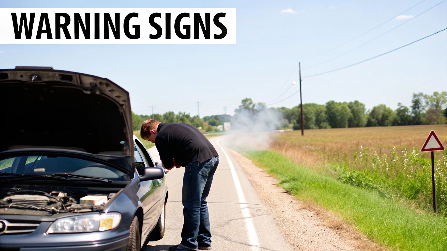 A man inspects his broken-down car with smoke coming from the engine on a rural road.
