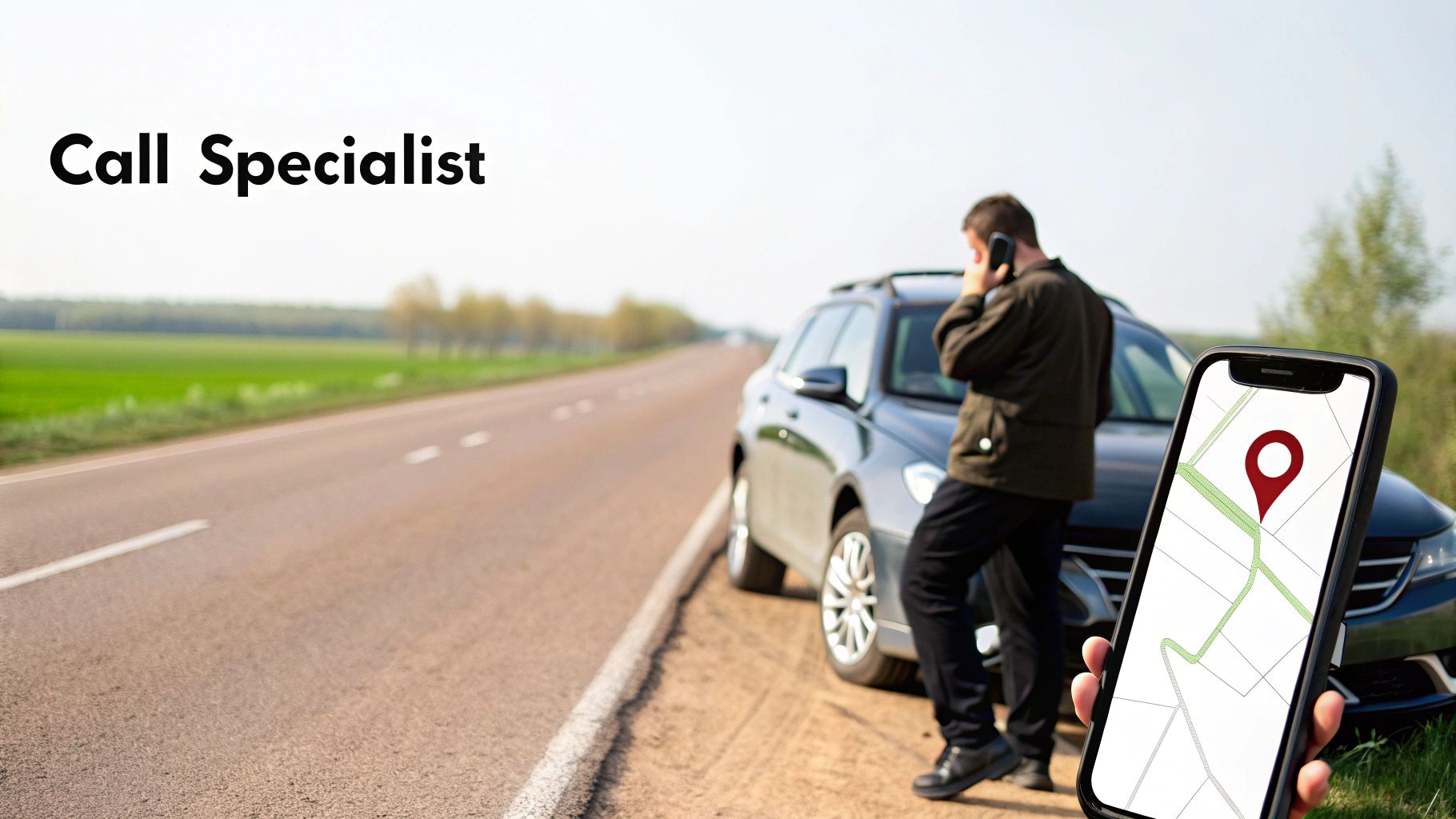 Man with broken car on roadside calls specialist, smartphone shows location for assistance.