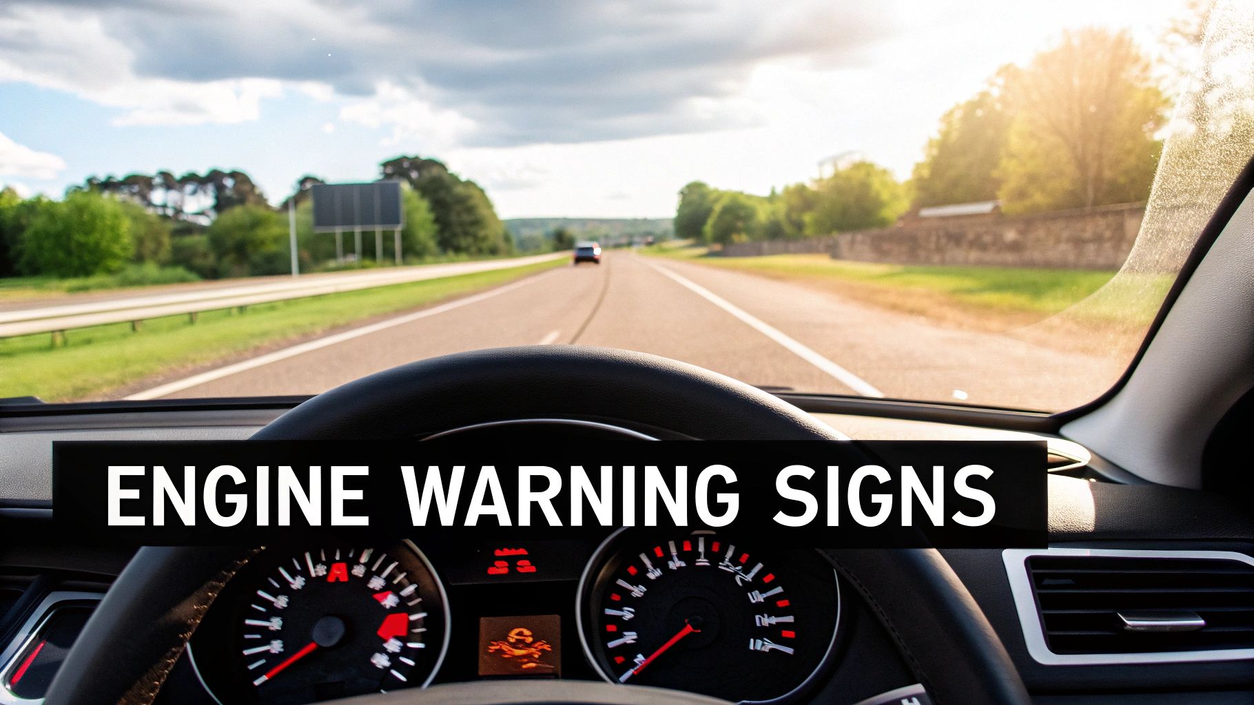 A driver's perspective from inside a car, showing the dashboard with engine warning signs illuminated on a highway.