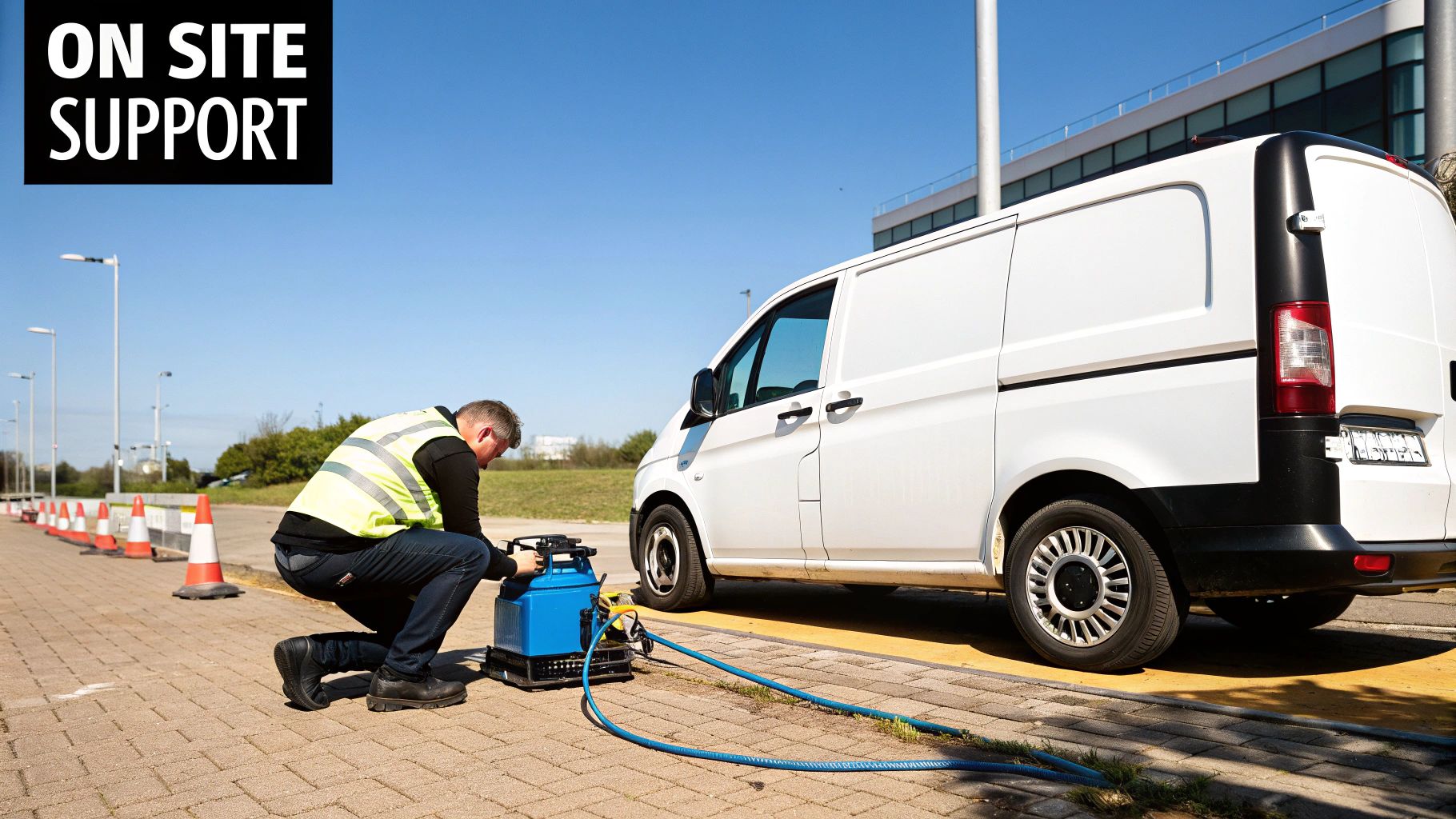 A technician in a high-vis vest provides on-site support, working with equipment next to a white service van.