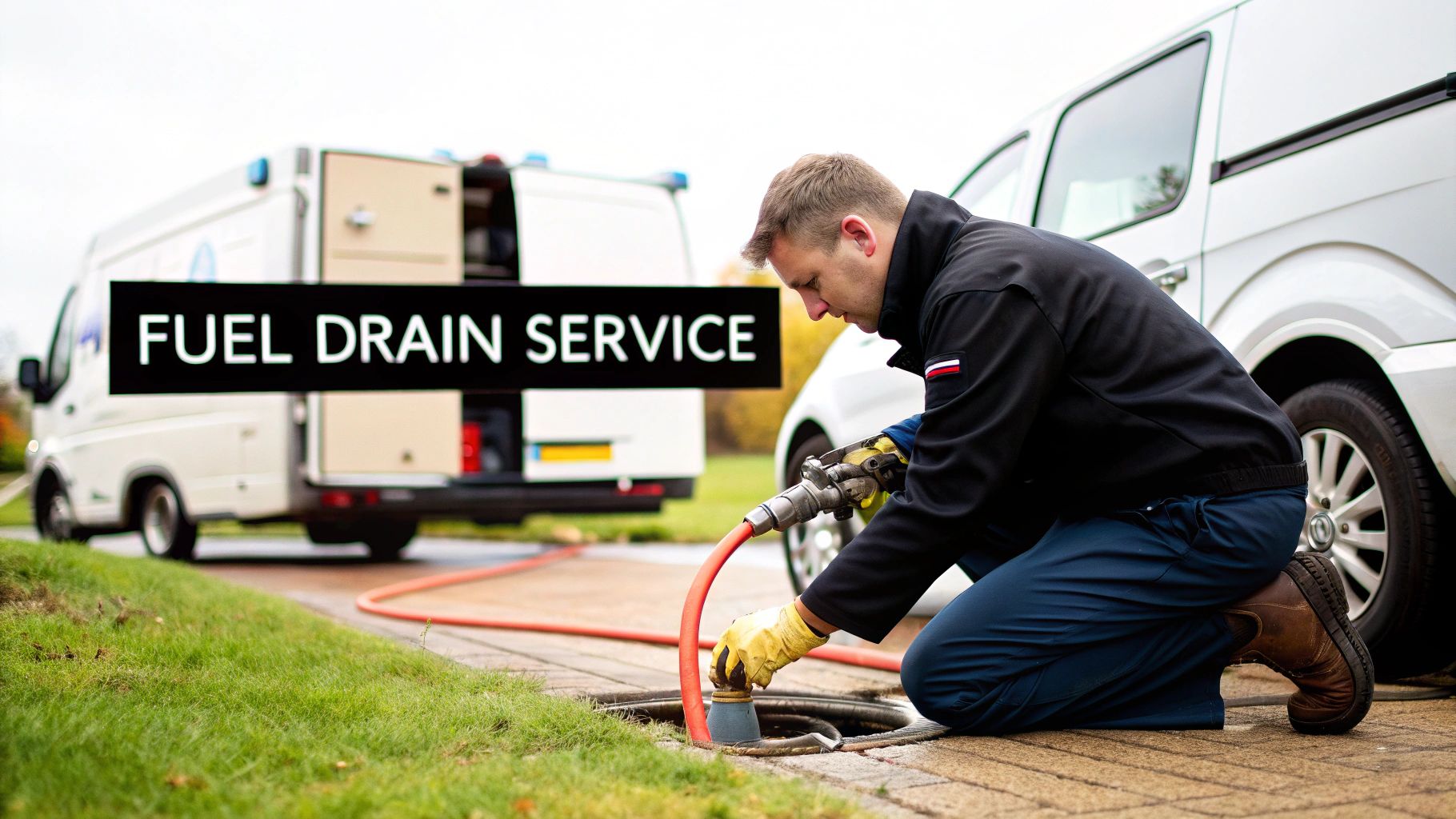 A service technician in gloves draining fuel with a hose from an underground tank, offering fuel drain service.