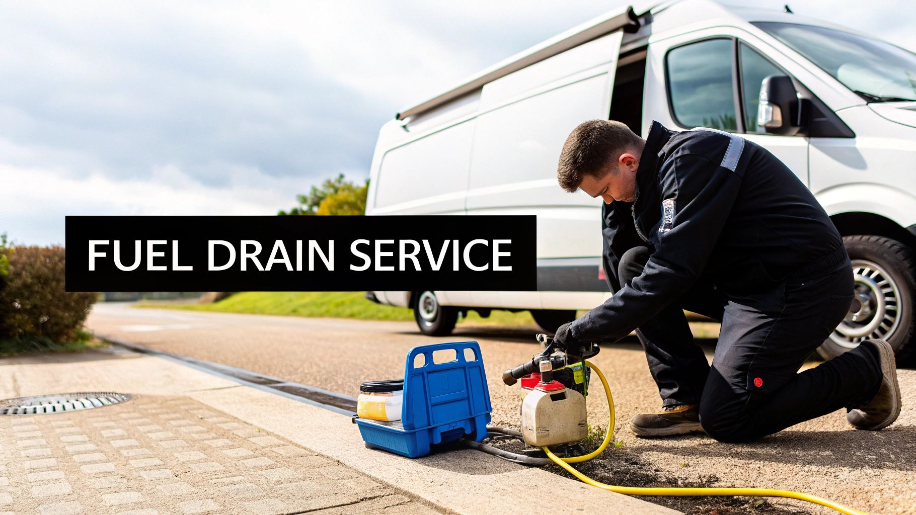 A technician in a black uniform performs a fuel drain service next to a white van on the roadside.