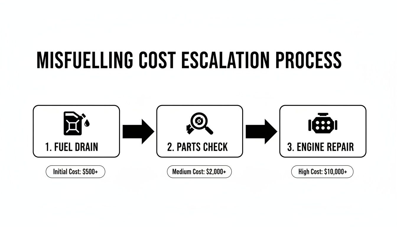 Flowchart detailing misfuelling cost escalation from fuel drain to engine repair and associated expenses.