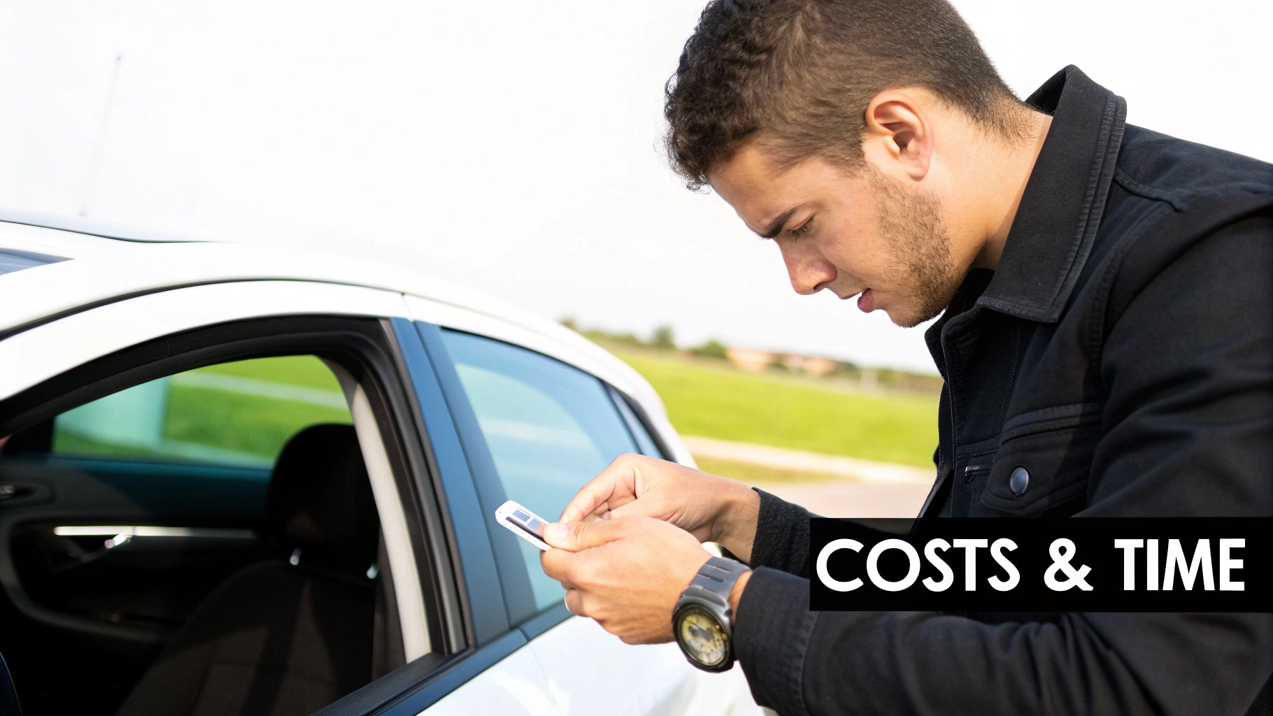 A young man looking at his smartphone next to a white car, with 'COSTS & TIME' overlay.
