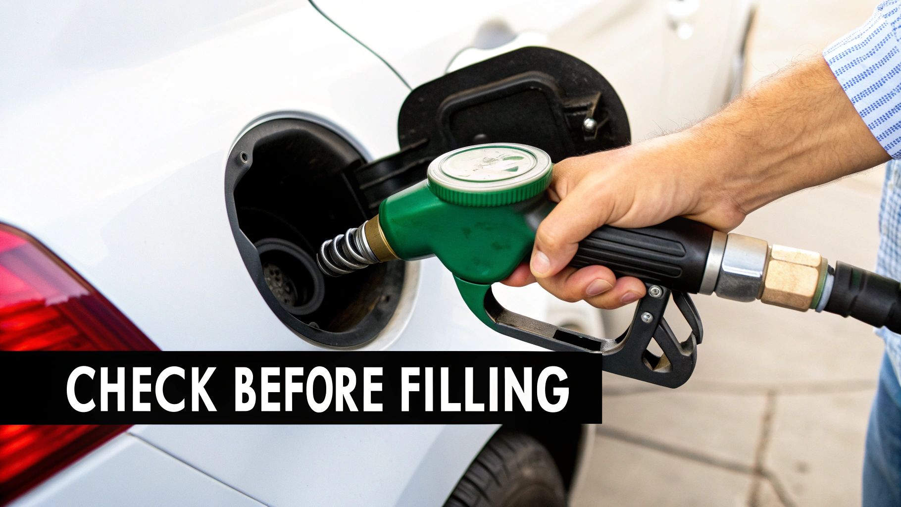 A hand inserts a green fuel pump nozzle into a white car's gas tank, with 'CHECK BEFORE FILLING' text overlay.