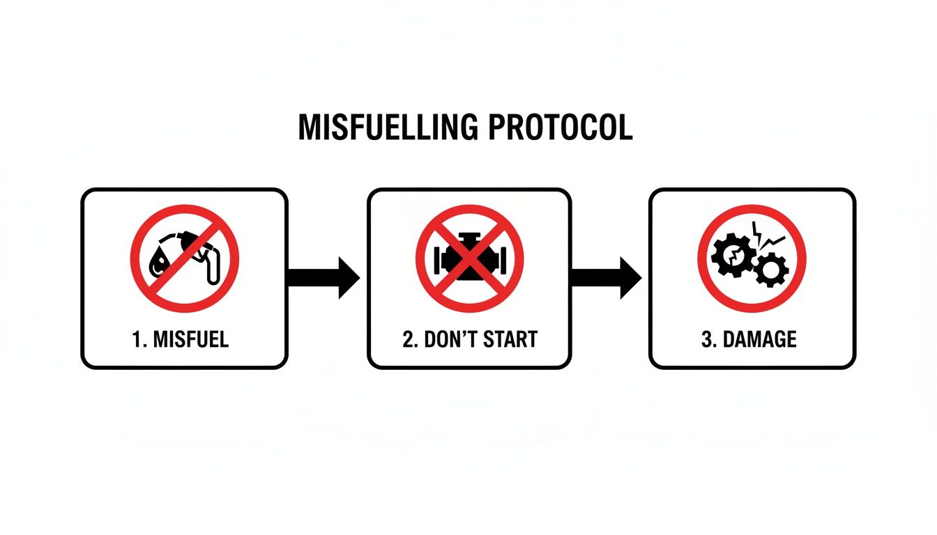 Flowchart illustrating misfuelling protocol steps: 1. Misfuel, 2. Don't start engine, 3. Avoid damage.