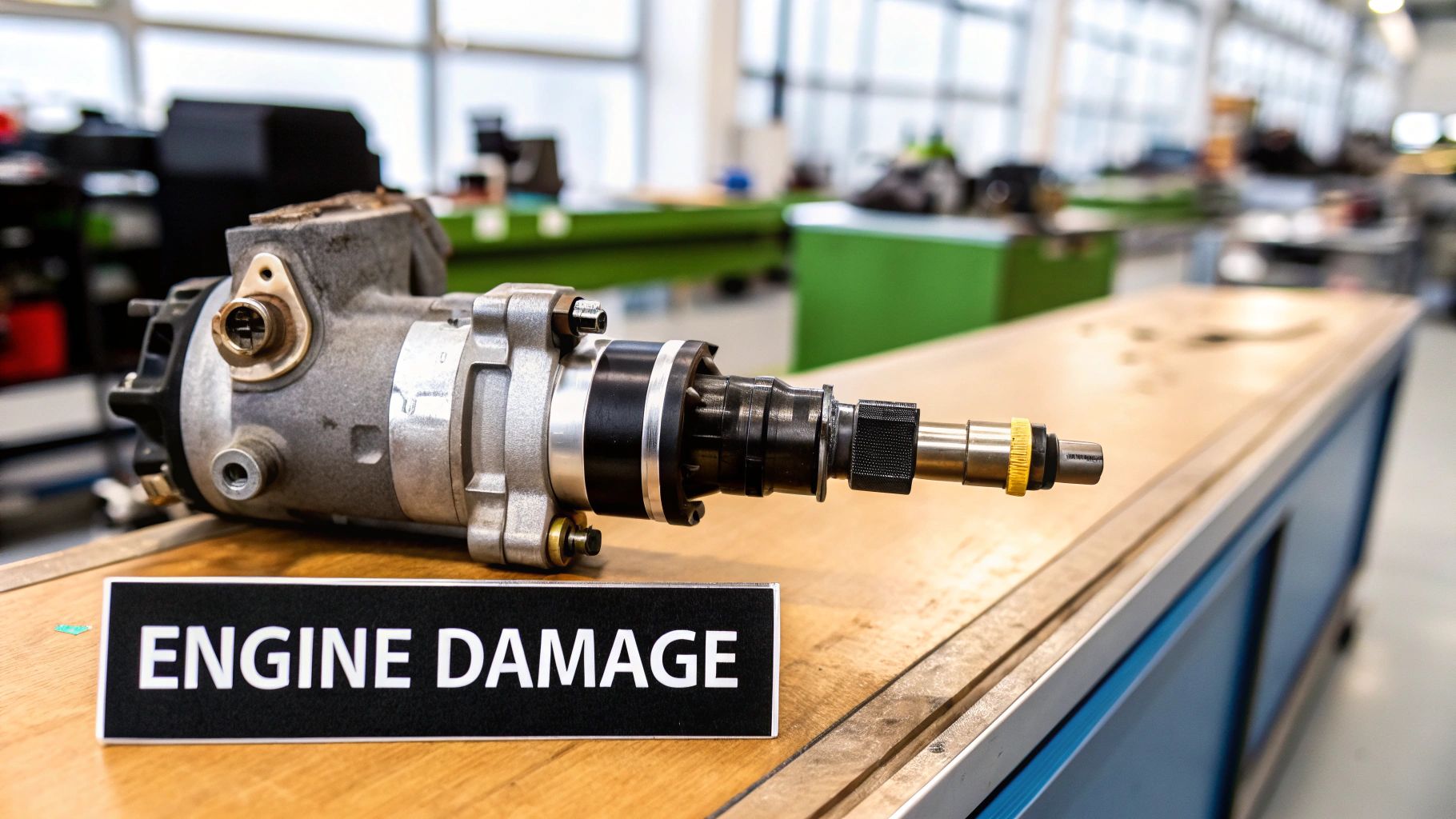 Close-up of a damaged engine component on a table with an 'ENGINE DAMAGE' sign.