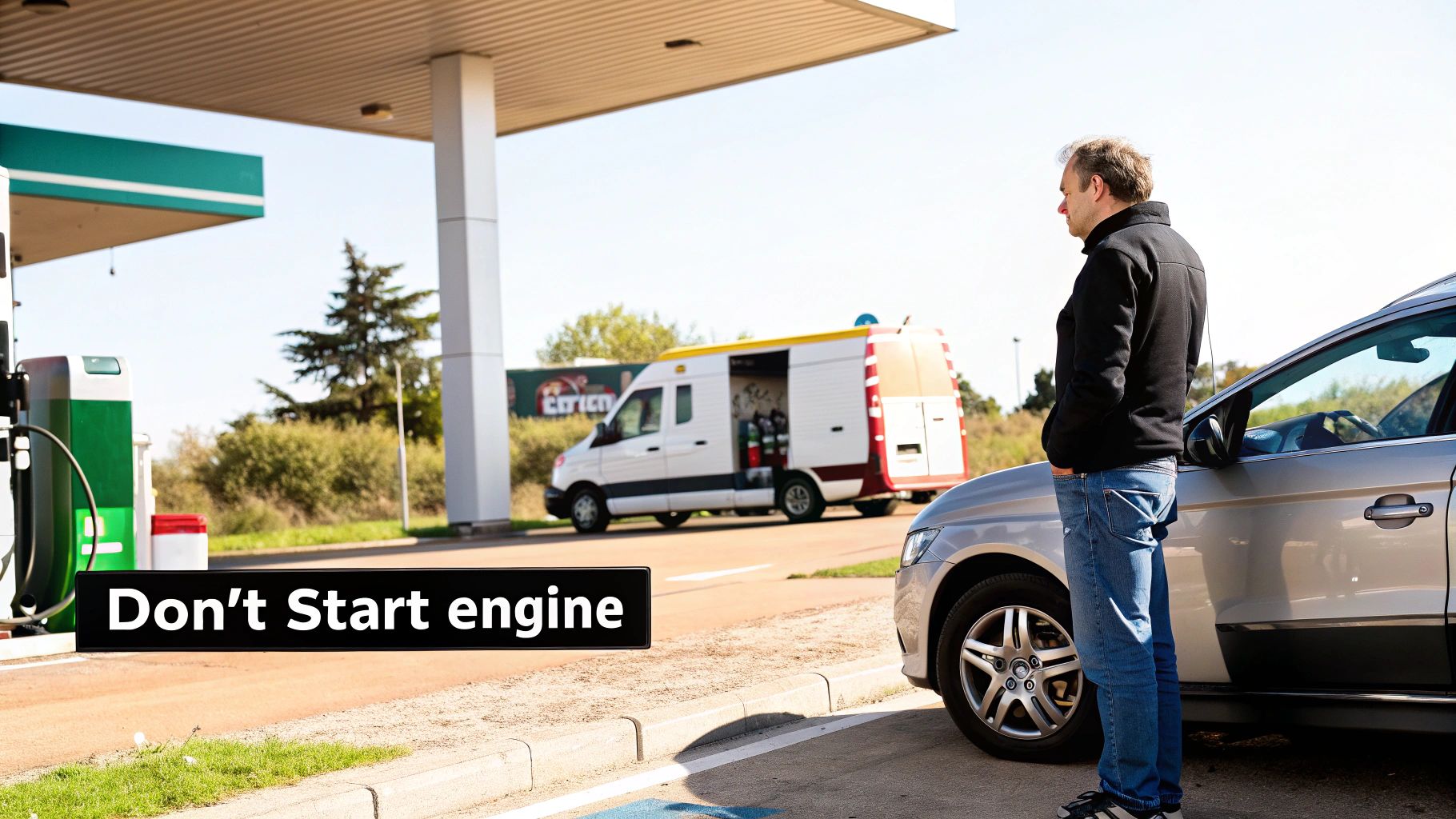 A man stands beside his car at a gas station, with a service van and a warning sign 'Don't Start engine' visible.