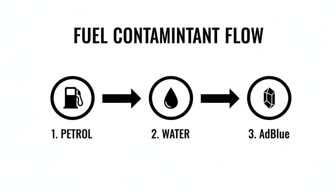Diagram showing the fuel contaminant flow process from petrol to water to AdBlue, illustrated with icons.
