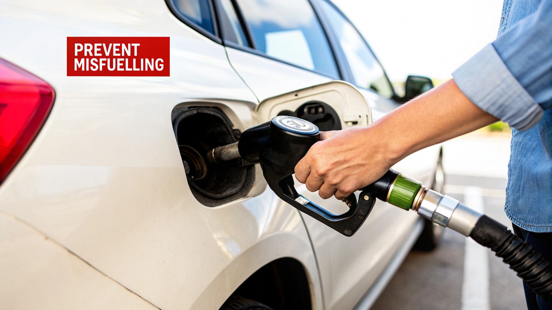 Close-up of a hand holding a fuel pump nozzle, refuelling a white car, with a 'PREVENT MISFUELLING' warning.
