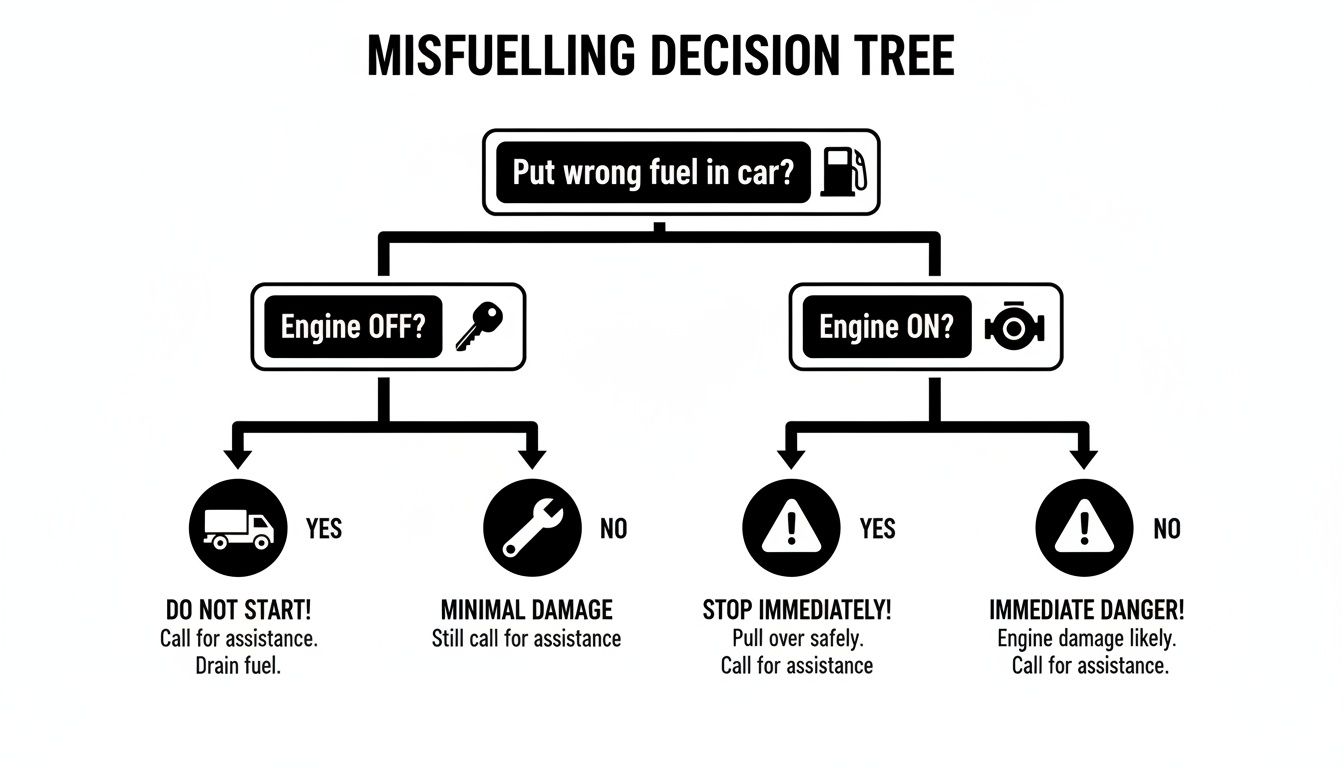 Flowchart illustrating a misfuelling decision tree, outlining actions based on engine status.