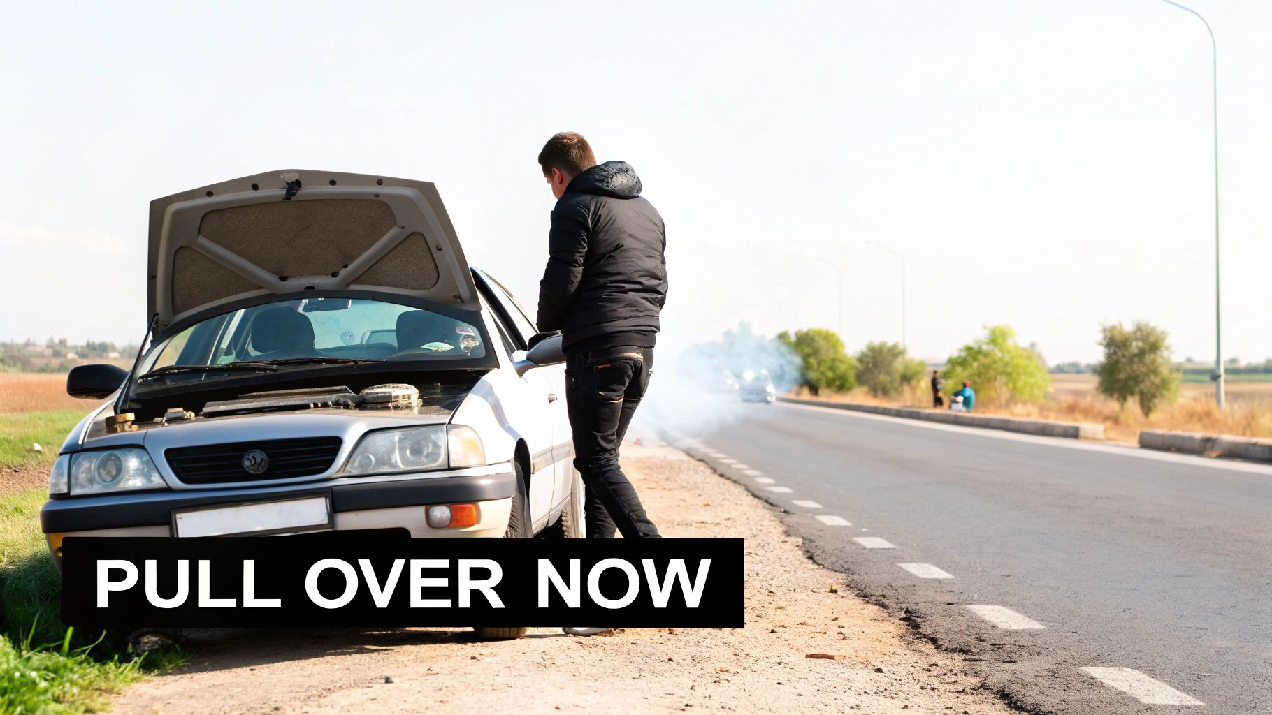 A man inspects his smoking, broken-down car on the roadside, displaying the warning "PULL OVER NOW".