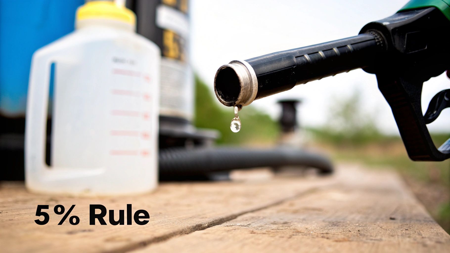 A fuel nozzle drips a single clear drop of liquid onto a wooden surface, with blurred containers in the background.