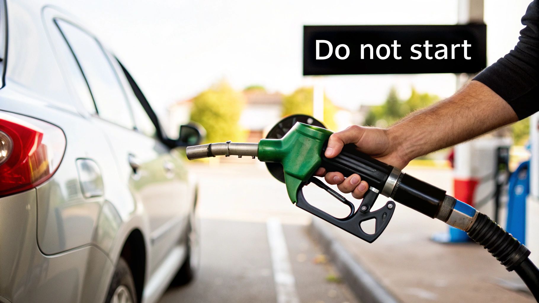 A hand holding a green fuel nozzle near a silver car at a gas station with a "Do not start" sign.