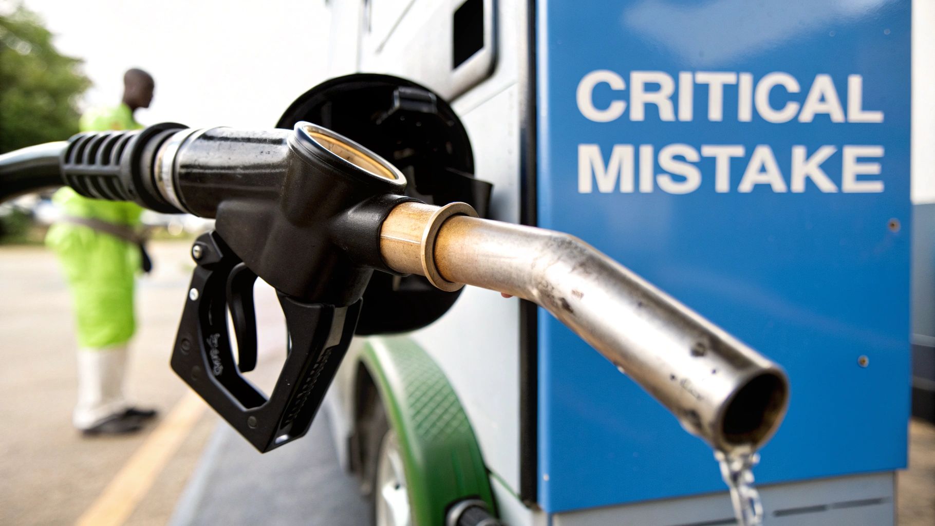A fuel nozzle dripping liquid into a vehicle, with a 'CRITICAL MISTAKE' sign nearby.