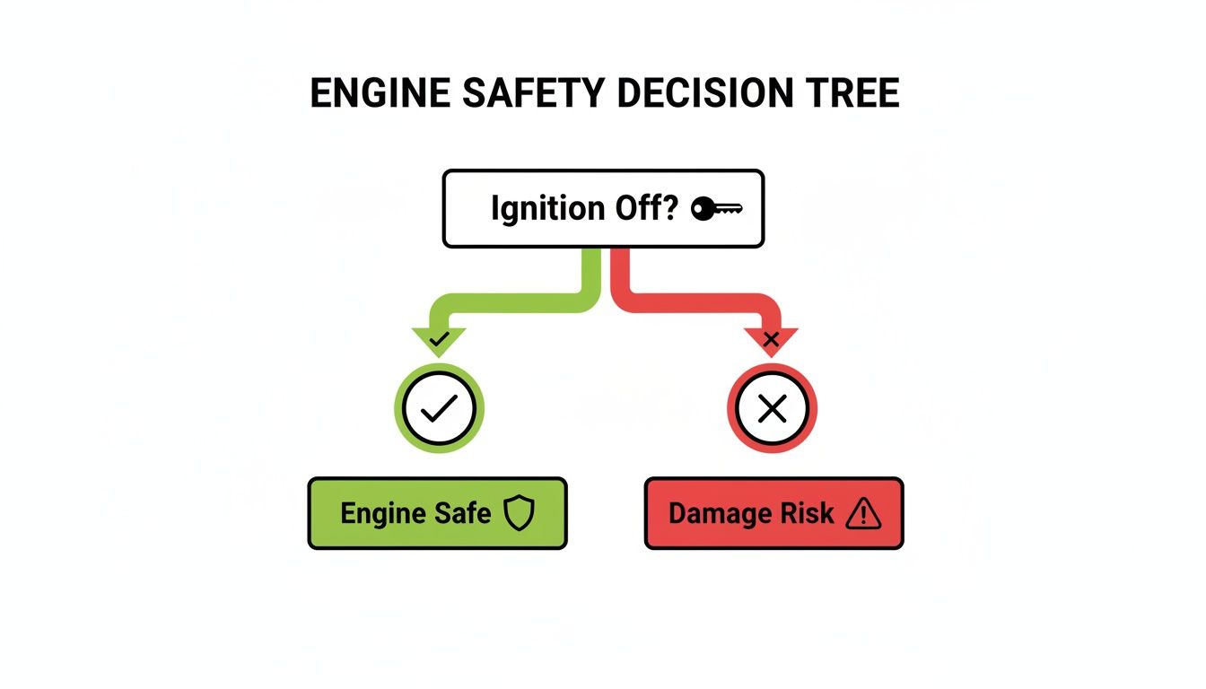 An engine safety decision tree: Ignition off leads to engine safe; ignition on indicates damage risk.