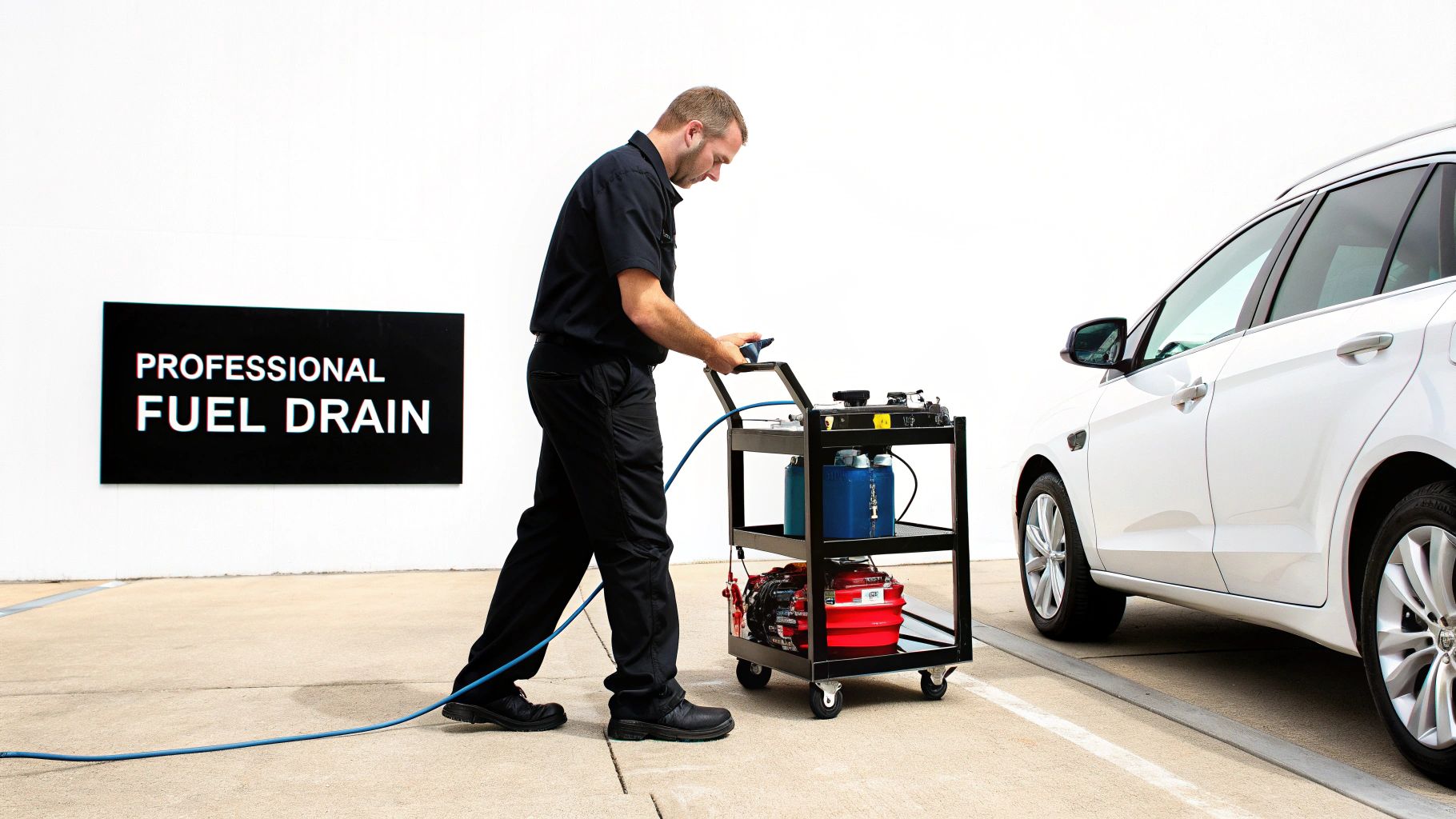 A professional technician performs a fuel drain service on a white car using specialized equipment.