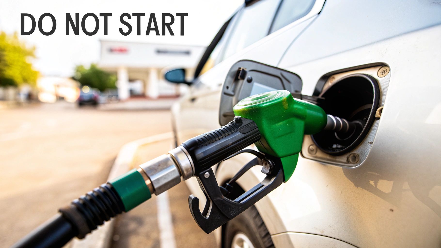 A green fuel pump nozzle is inserted into a car's fuel tank, with a 'DO NOT START' warning.