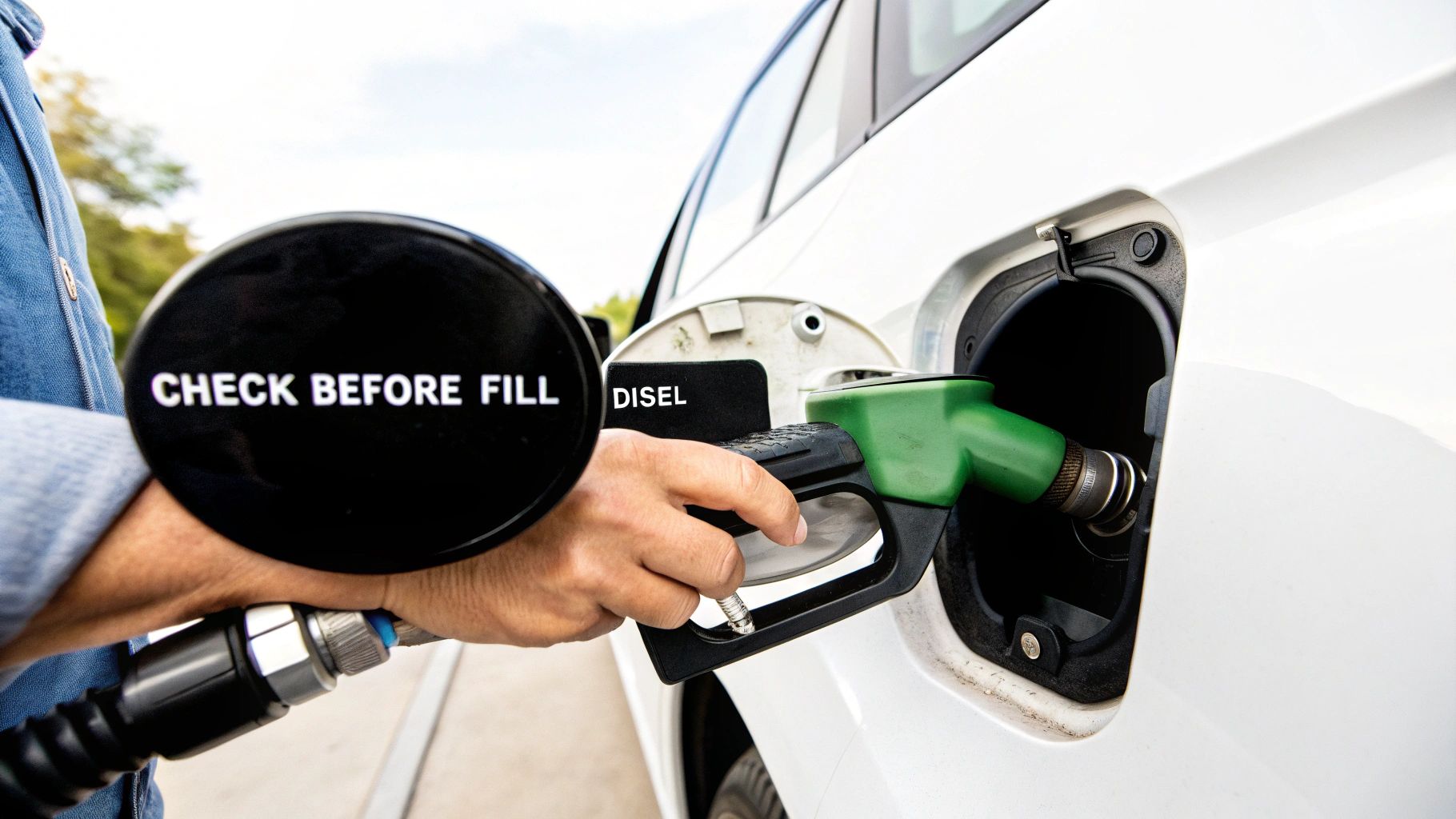 A person's hand holding a green fuel pump nozzle, filling a white diesel car.