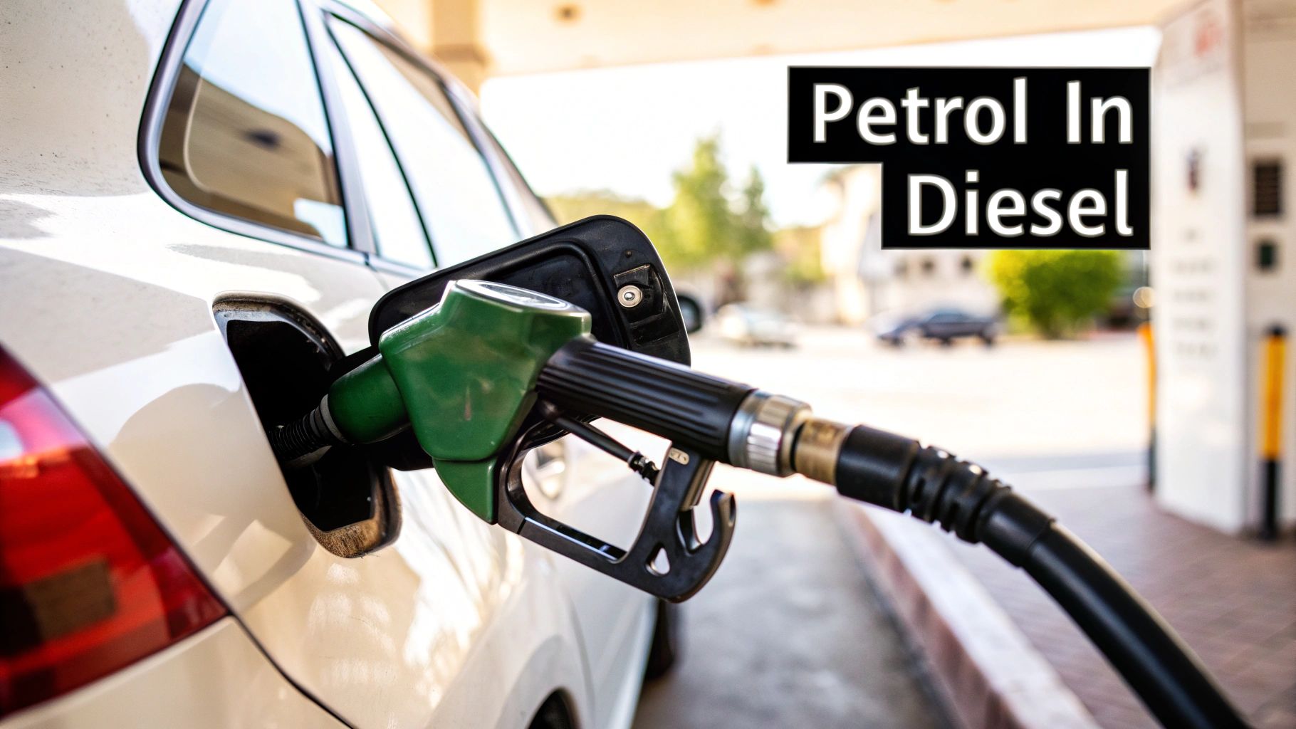 A green fuel nozzle is inserted into the fuel tank of a white car at a petrol station.