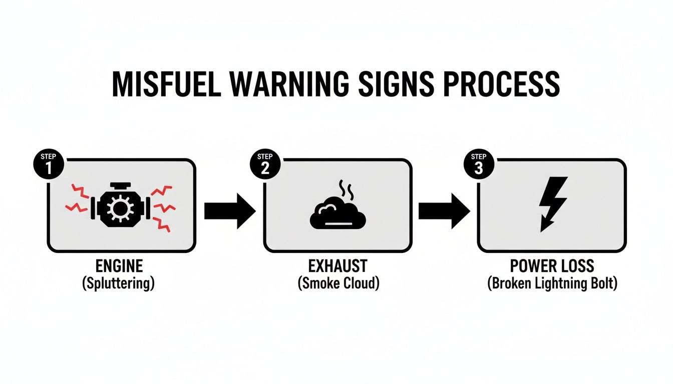 Process diagram showing misfuel warning signs: sputtering engine, smoke from exhaust, and power loss.