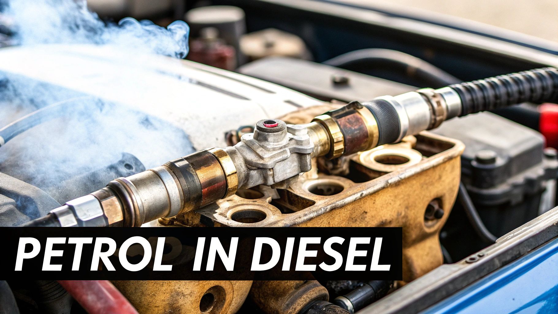 A car engine with visible smoke and fuel lines, highlighting the problem of petrol in diesel.