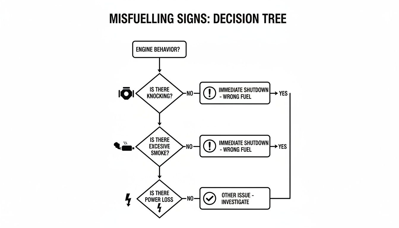 A decision tree flowchart detailing misfuelling signs in an engine and corresponding immediate actions.