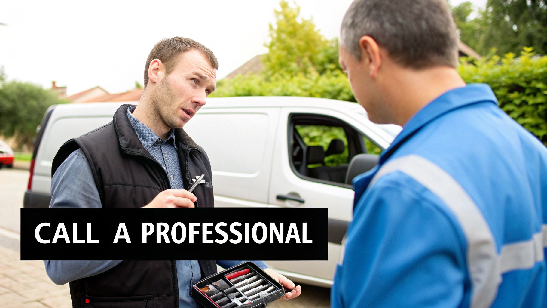 Two technicians discussing work near a white service van, one holding tools, emphasizing professional help.