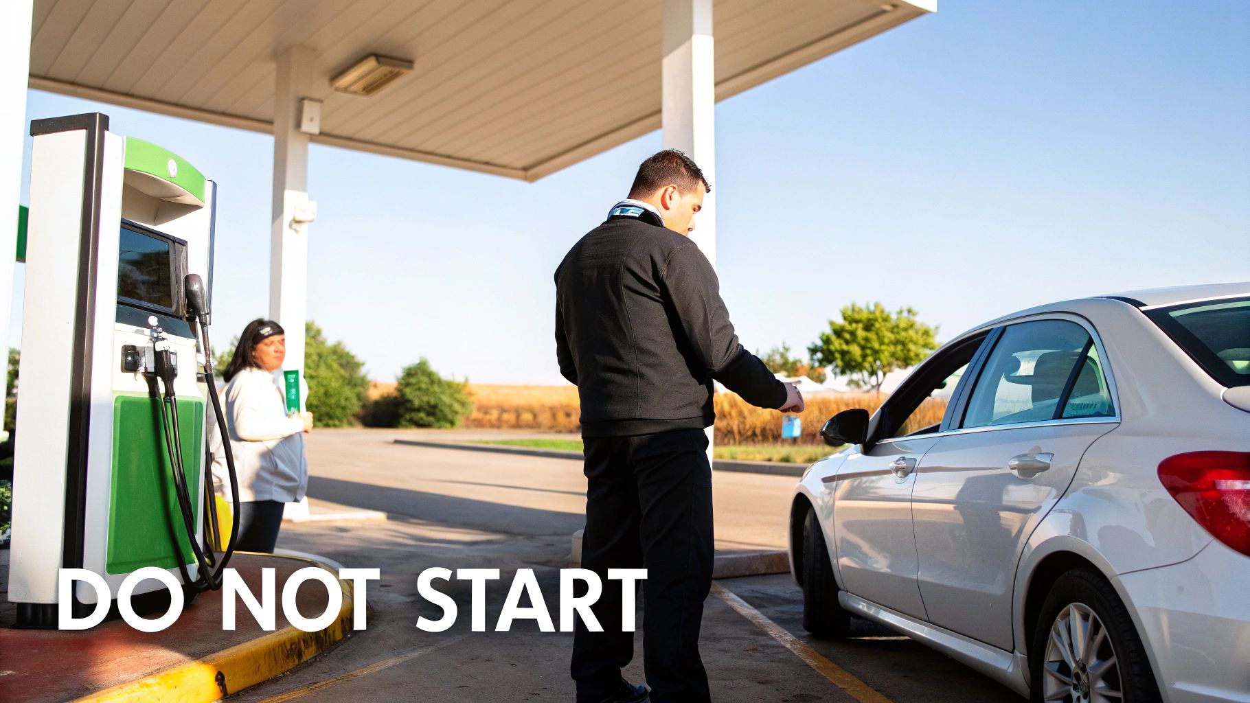 A man in a black jacket and pants stands next to a white car at a gas station.