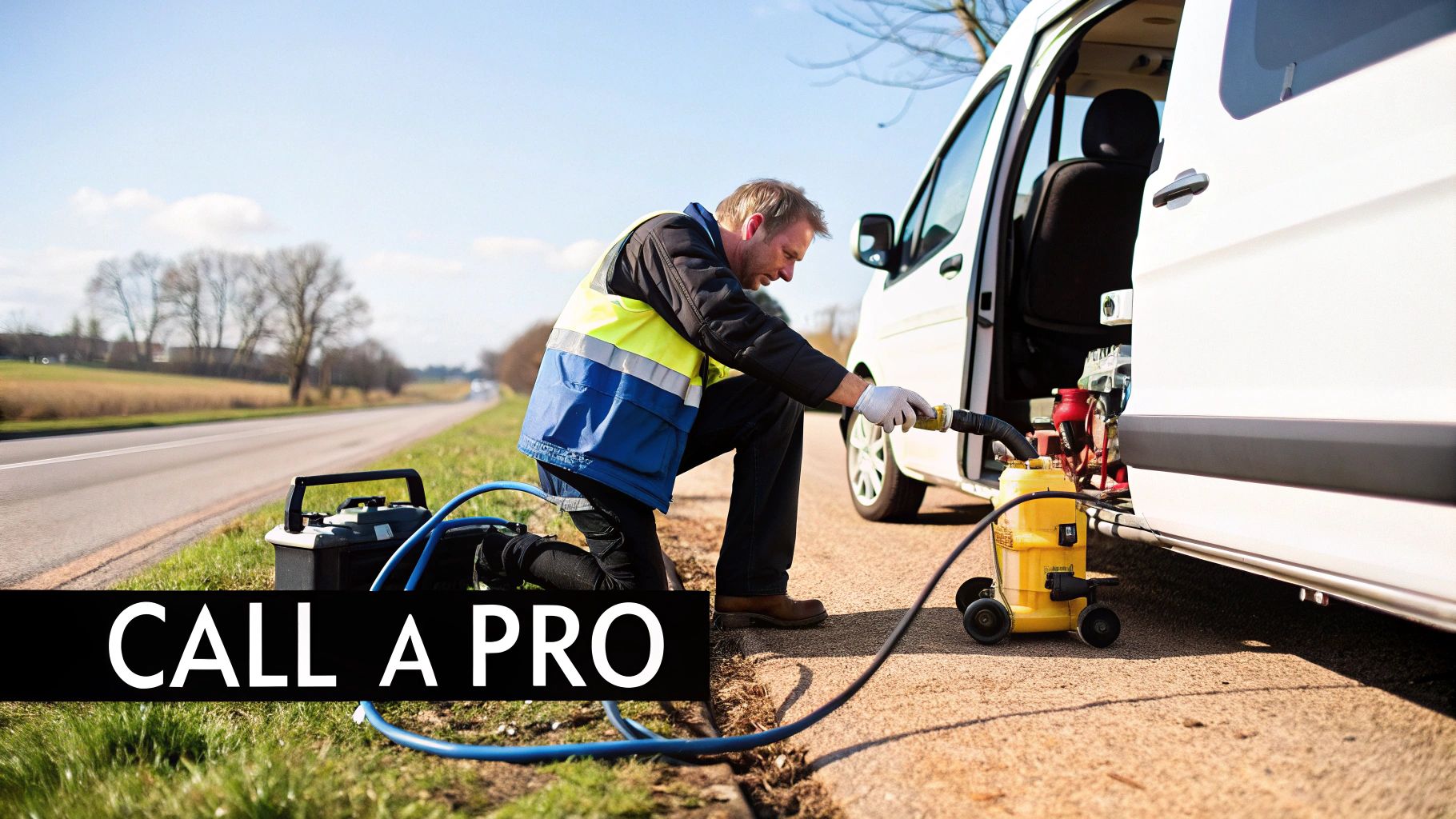 A professional roadside assistance technician extracts fuel from a white van with a pump and yellow container.