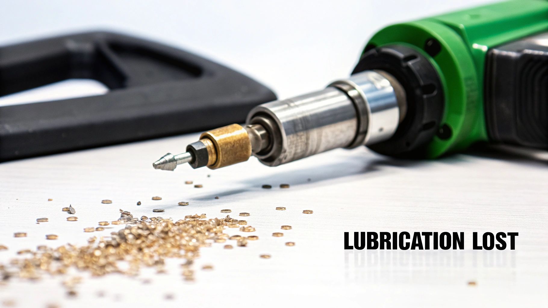 A close-up of a green power tool with metal shavings scattered on a white surface, text 'LUBRICATION LOST'.