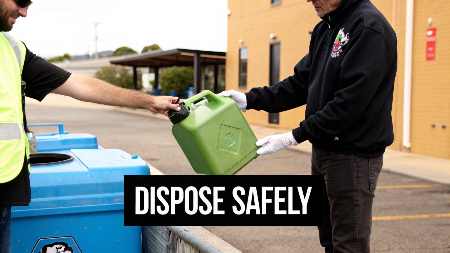 Two men, one in a safety vest, handle a green jerry can for safe disposal.