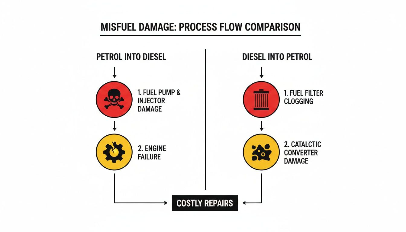 Flowchart illustrating misfuel damage: petrol in diesel causes engine failure, and diesel in petrol damages the converter, both requiring costly repairs.