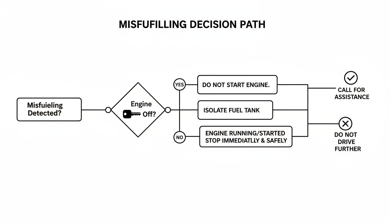Flowchart outlining the misfueling decision path, checking engine status for safe action.