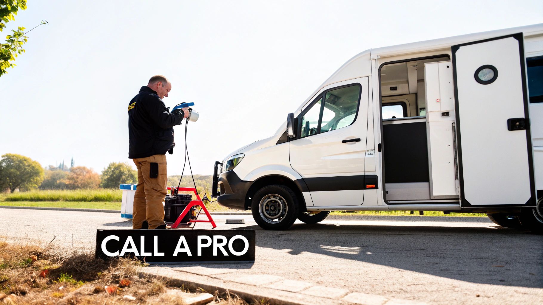 A man in work clothes operates specialized equipment next to a white professional van, with a "CALL A PRO" sign.