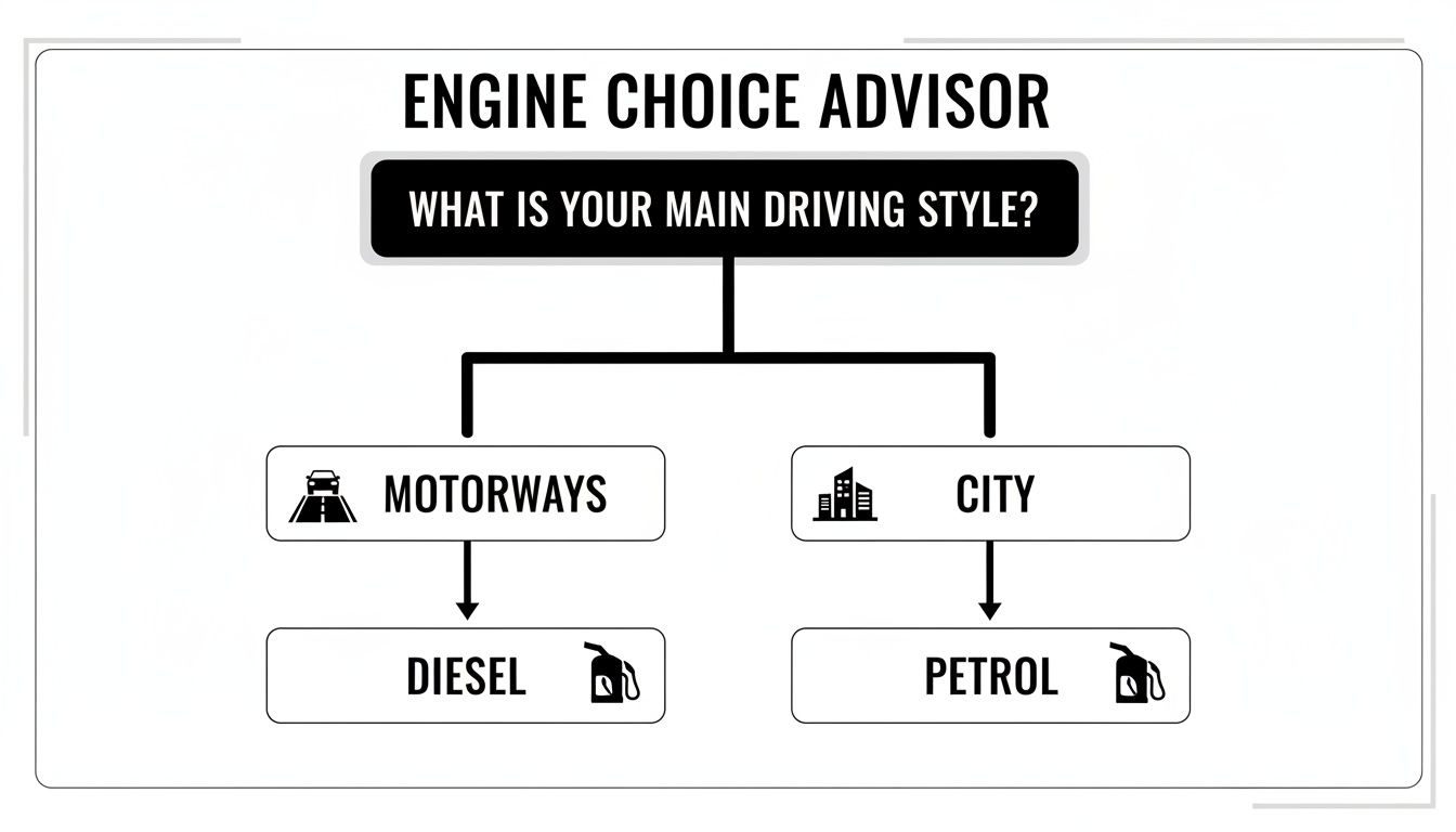 Flowchart advising engine choice based on driving style: motorways for diesel, city for petrol.
