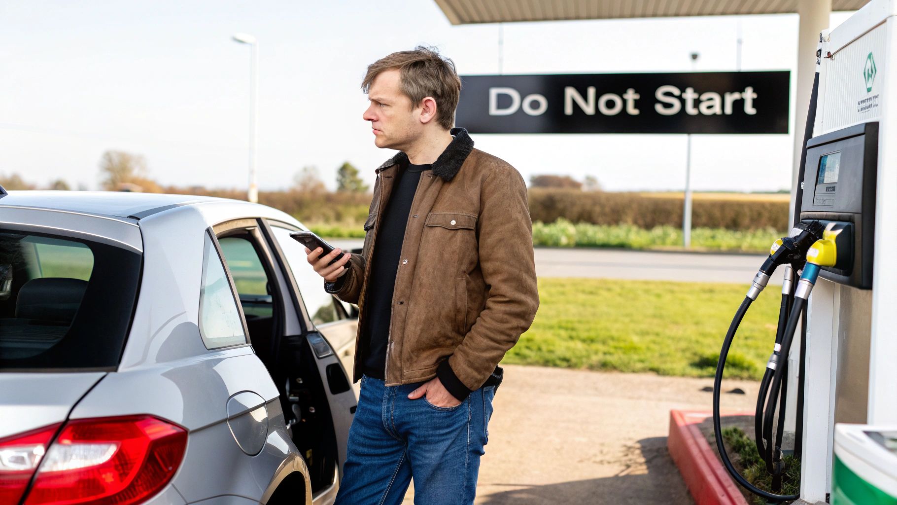 A man looks concerned while standing at a petrol station holding a phone next to his car.