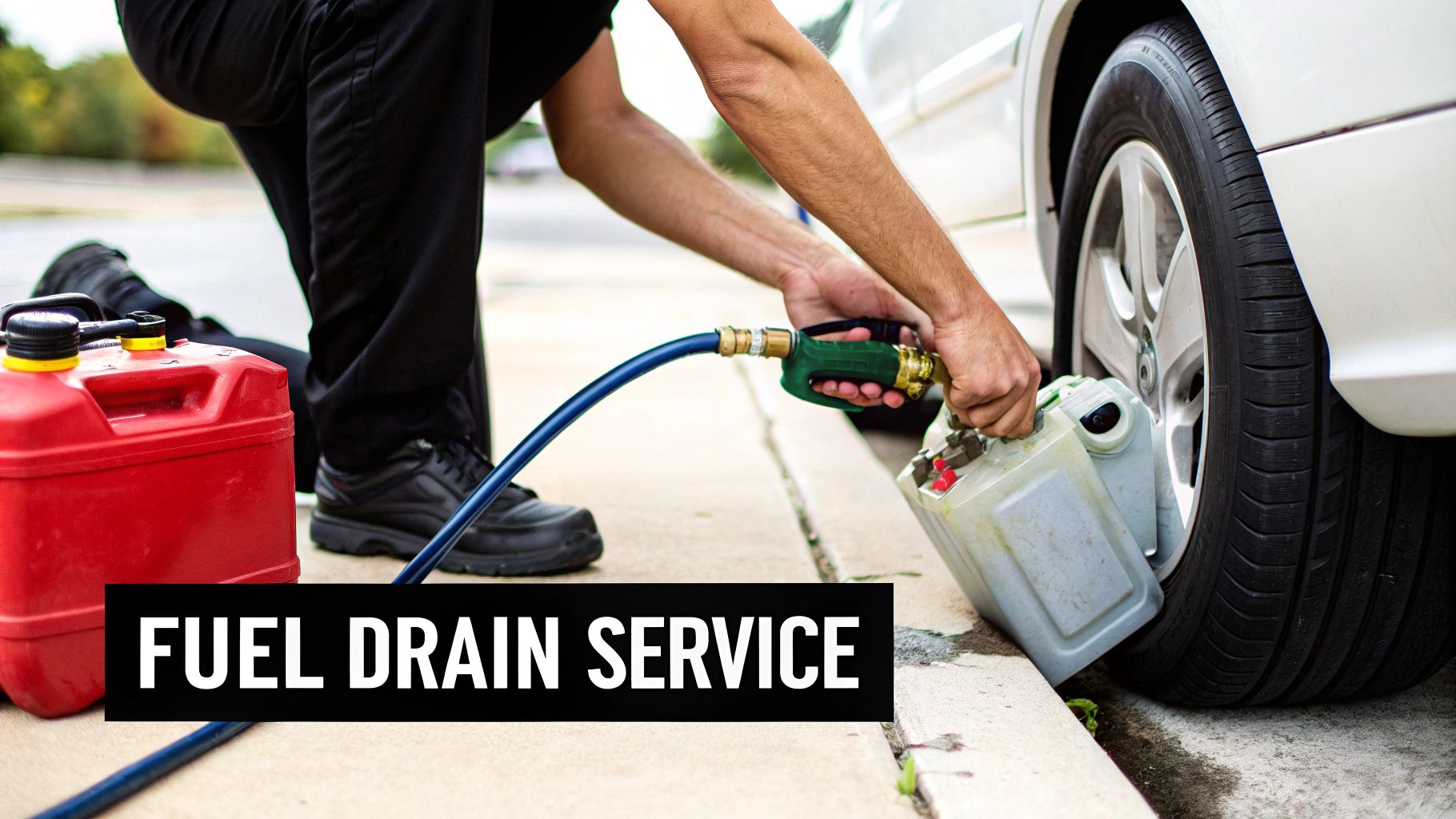 A service technician drains fuel from a white car using a hose into two fuel cans.