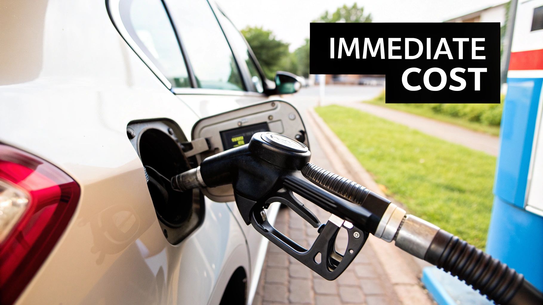 A fuel nozzle is inserted into the gas tank of a white car at a service station.