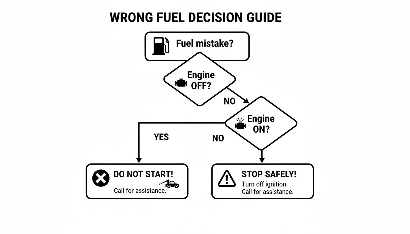 Flowchart detailing actions to take after a fuel mistake, depending on engine status.