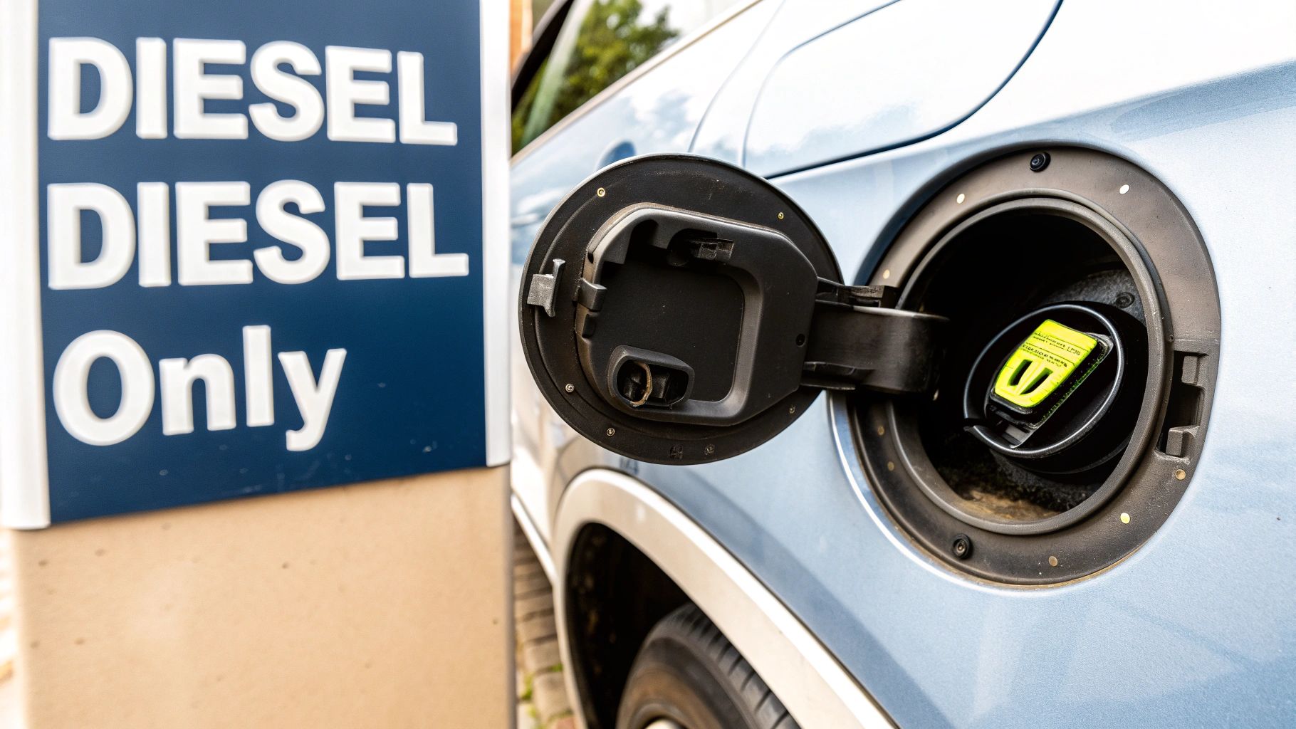 A blue sign reads "DIESEL DIESEL Only" next to a blue car's open fuel cap.