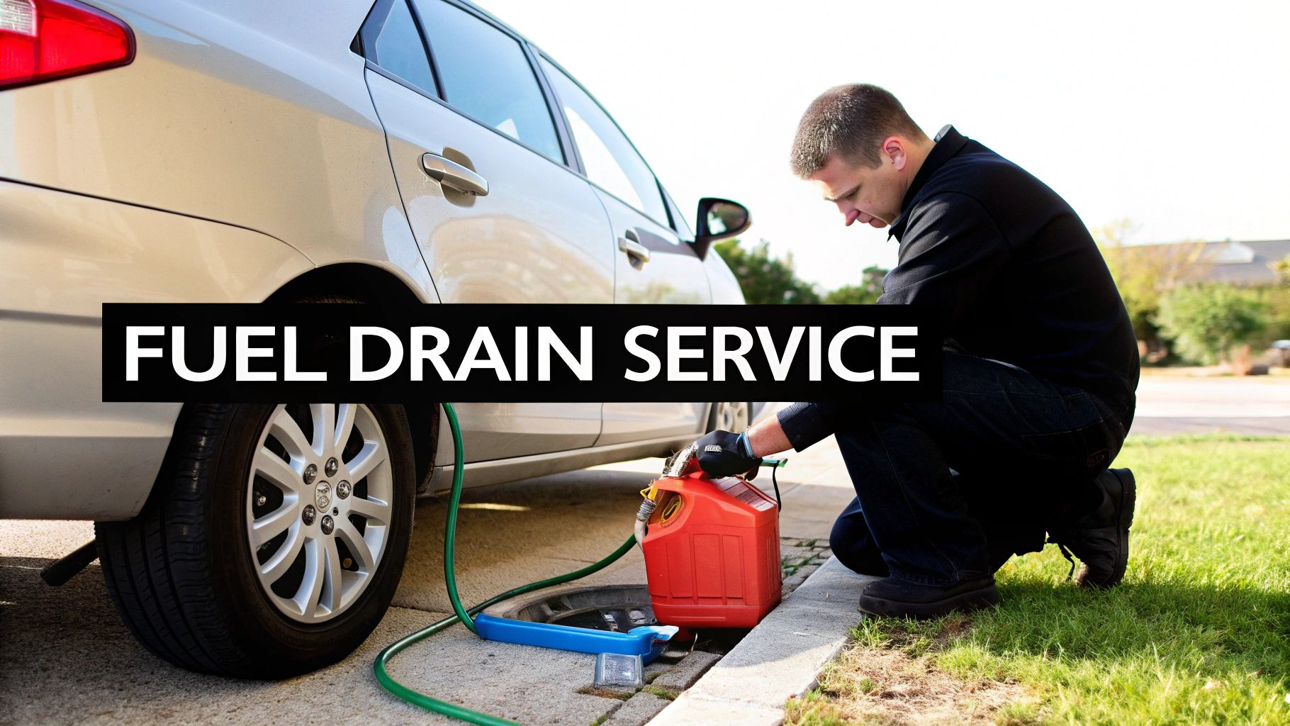 A man crouching beside a silver car, performing a fuel drain service into a red gas can.