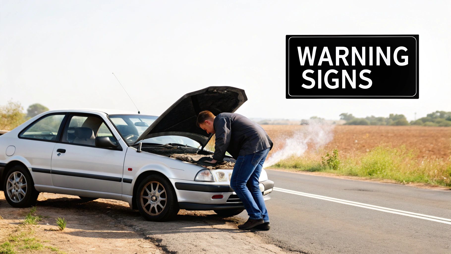 Man inspects a broken-down silver car with its hood open and steam rising, on a rural road.