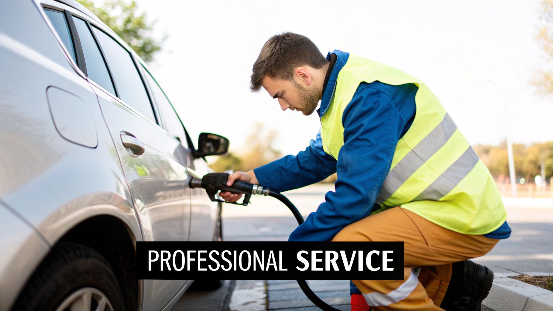A professional gas station attendant wearing a blue uniform and yellow safety vest refuels a silver car.