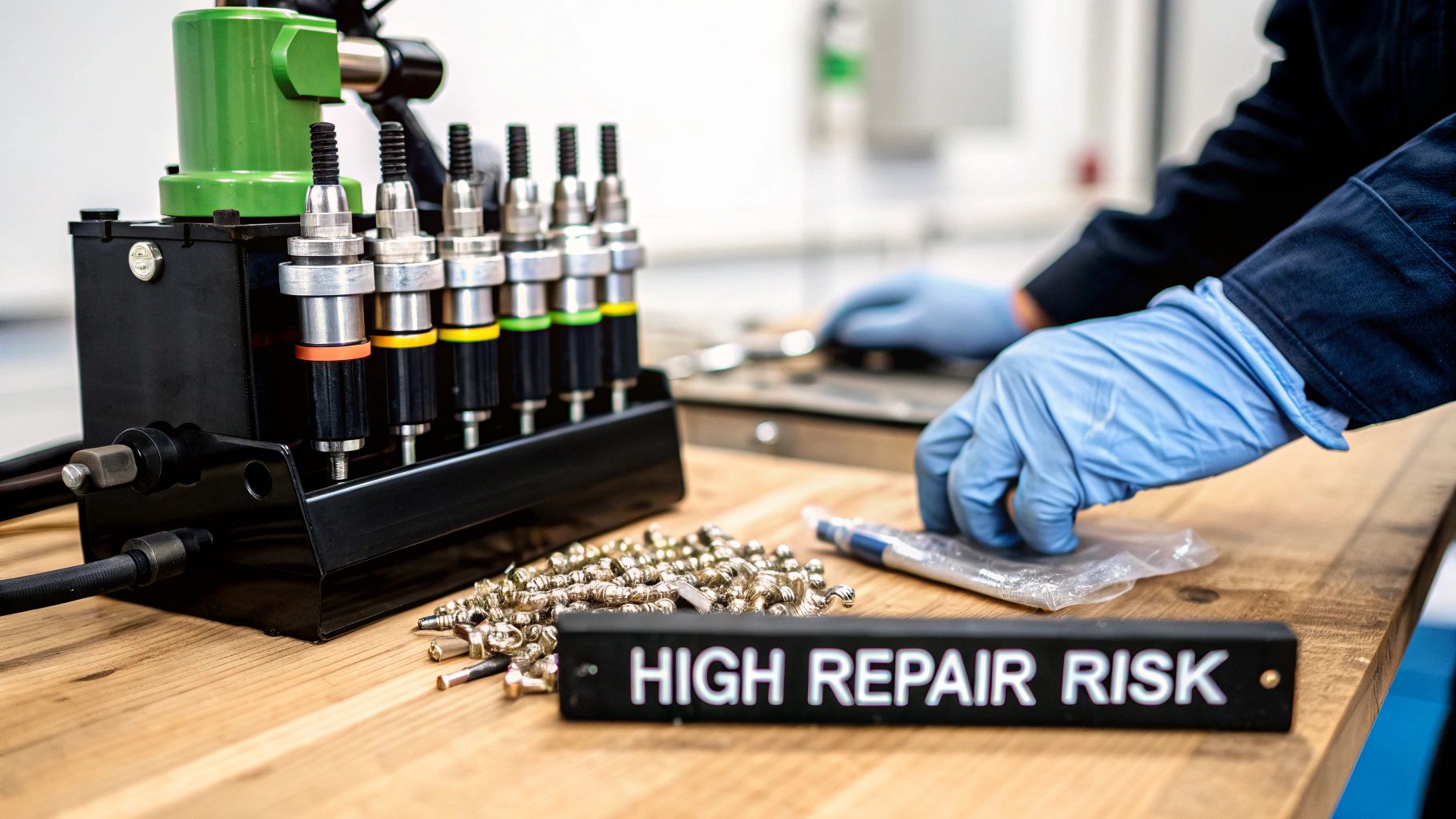A gloved technician inspects small metal parts and an industrial device on a workbench with a 'HIGH REPAIR RISK' sign.