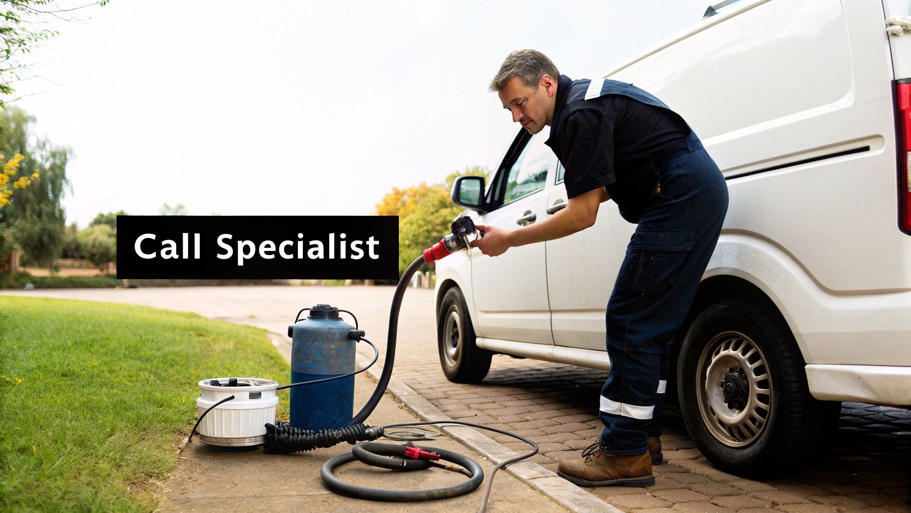 A service specialist is preparing fuel equipment next to a white van, possibly for a fuel drain.