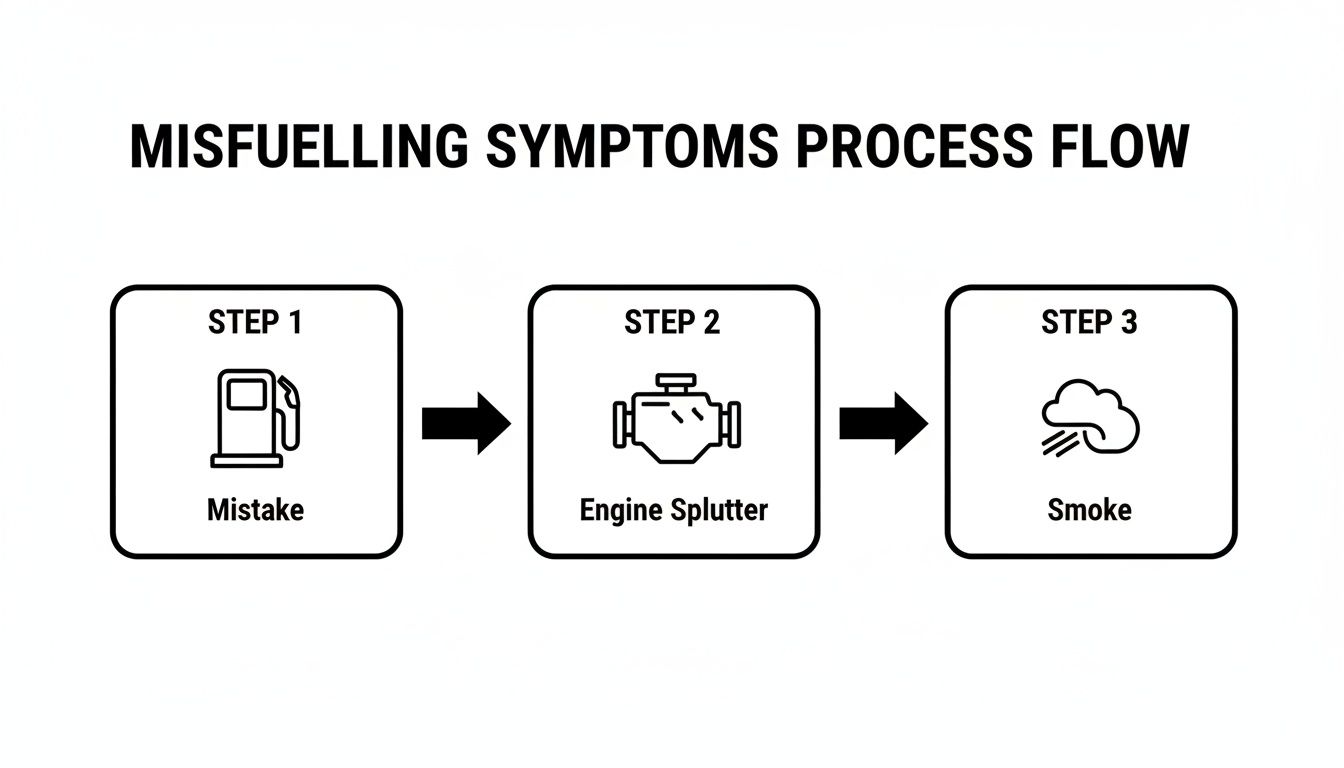 Flowchart showing misfuelling symptoms process: mistake at pump, engine splutter, and smoke.